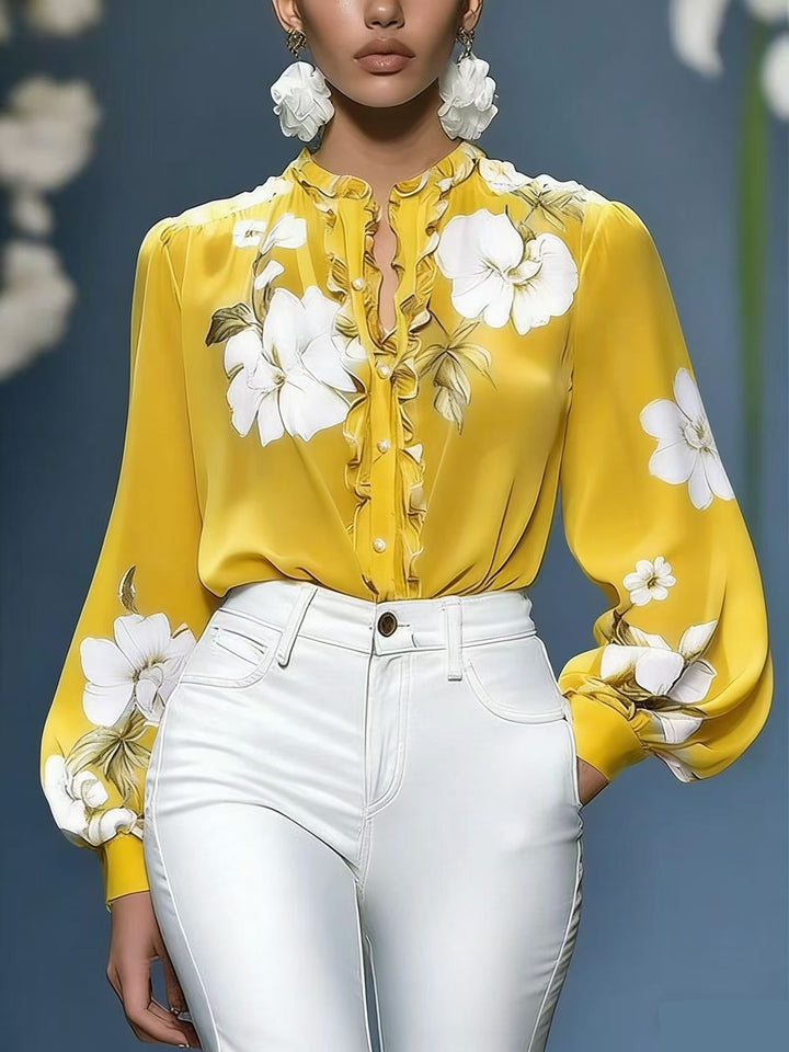 Damen Seidenbluse mit Rüschenblende und floraler Applikation – Élovi