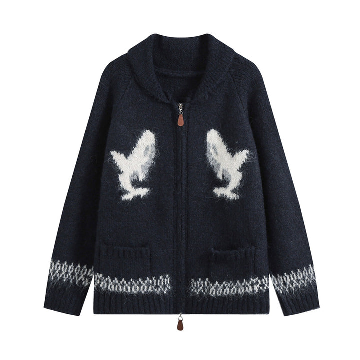 Damen Strickjacke mit Reißverschluss, Schalkragen und Wal‑Intarsien Echo Archiv