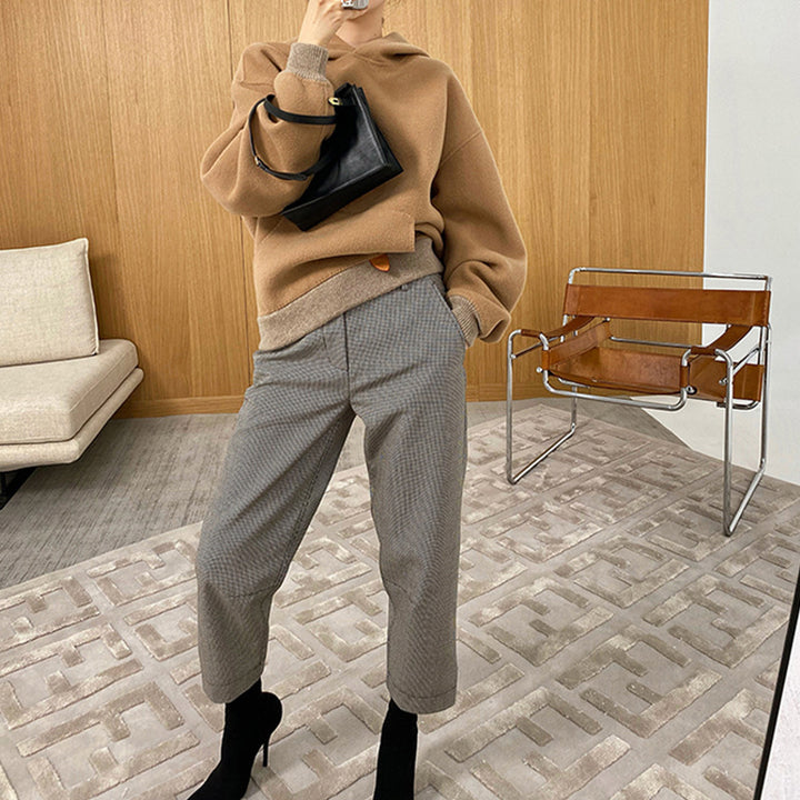 Damen Oversized Sweatjacke mit Kapuze und modernem Houndstooth-Muster Echoarchiv