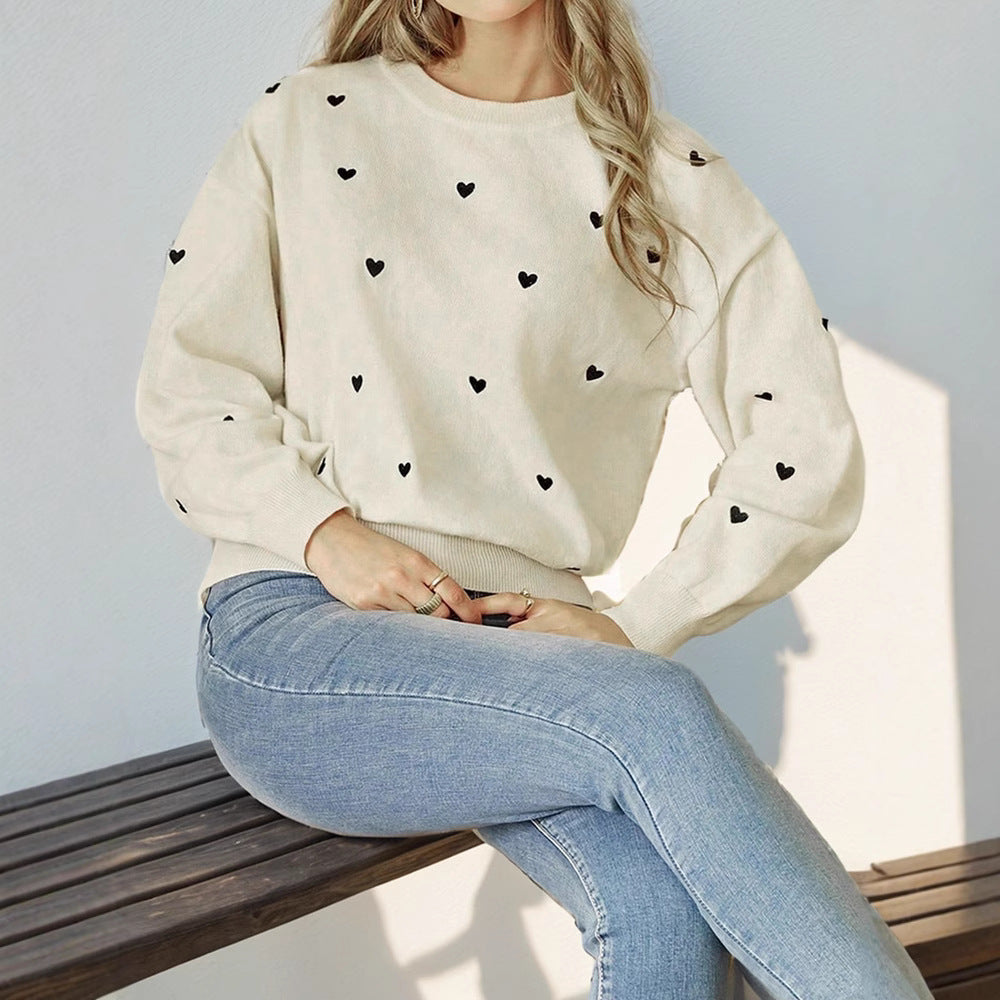 Damen Lockerer Feinstrickpullover mit Herzchen-Allover, Rundhalsausschnitt und elastischem Saum Echoarchiv