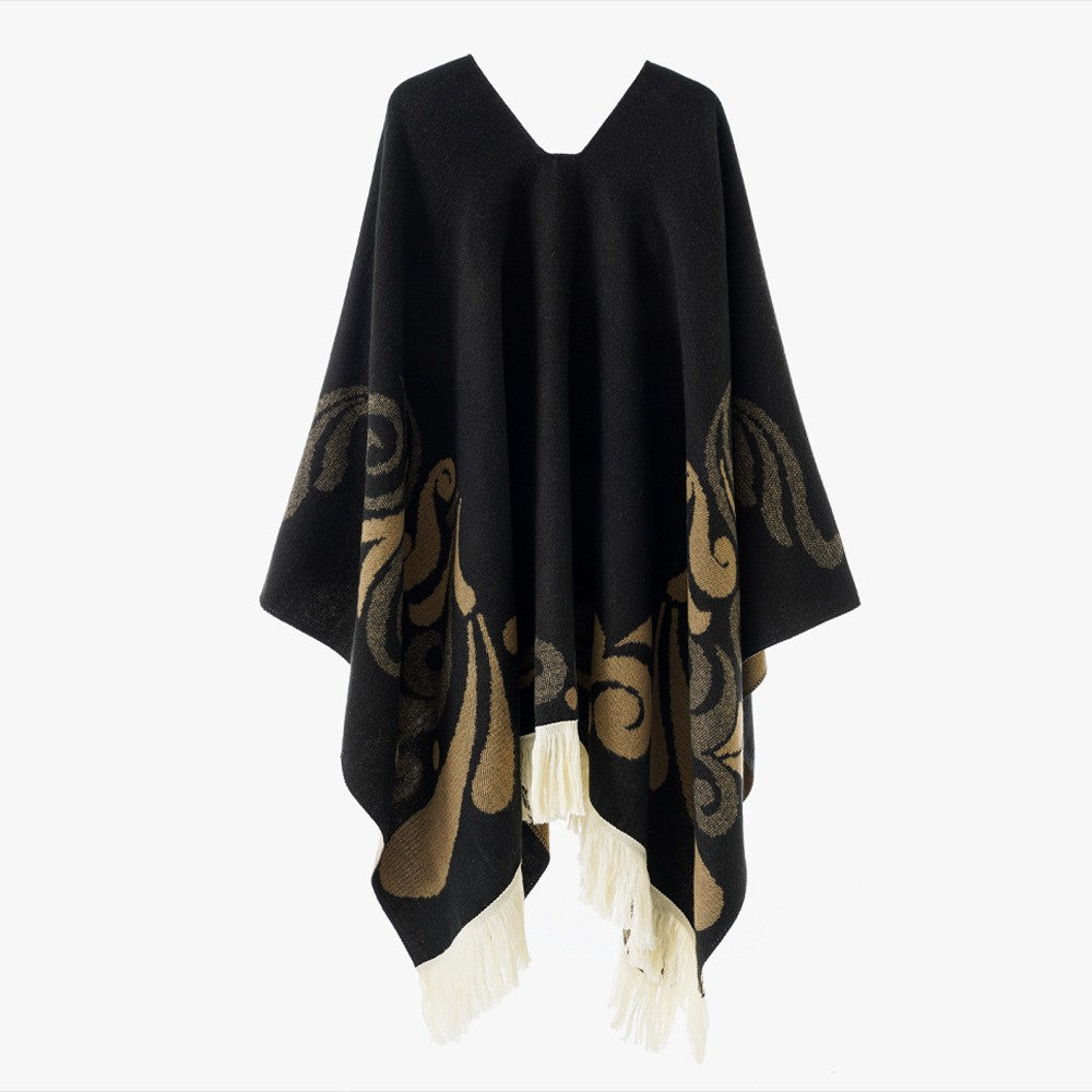 Damen Ornamentaler Jacquard‑Poncho mit V‑Ausschnitt und Fransensaum Echo Archiv