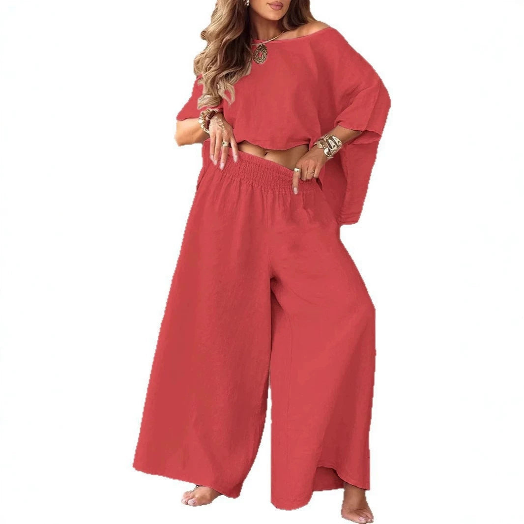 Damen Leinen-Set mit Cropped Oversize-Top und hohem elastischem Bund Palazzohose Echoarchiv