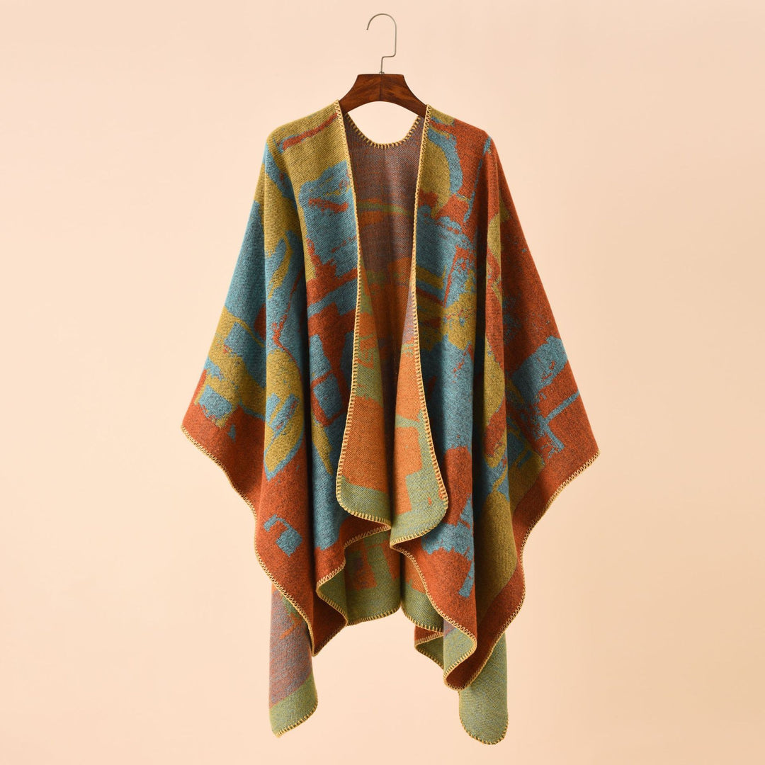 Damen Oversize-Umhangruana aus Wollmix mit abstraktem Jacquard und Zierstichkante – Célinea