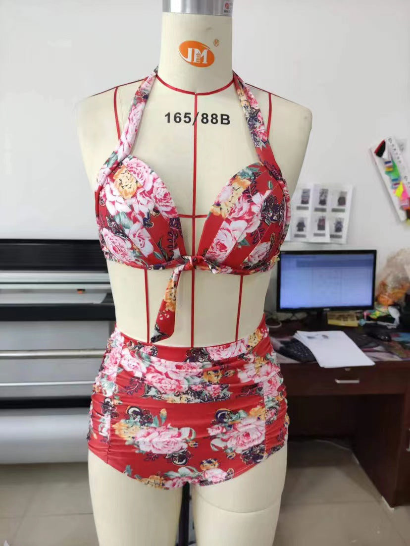 Damen Hoch tailliertes Bikini-Set mit floralem Design und Raffungen Echo Archiv