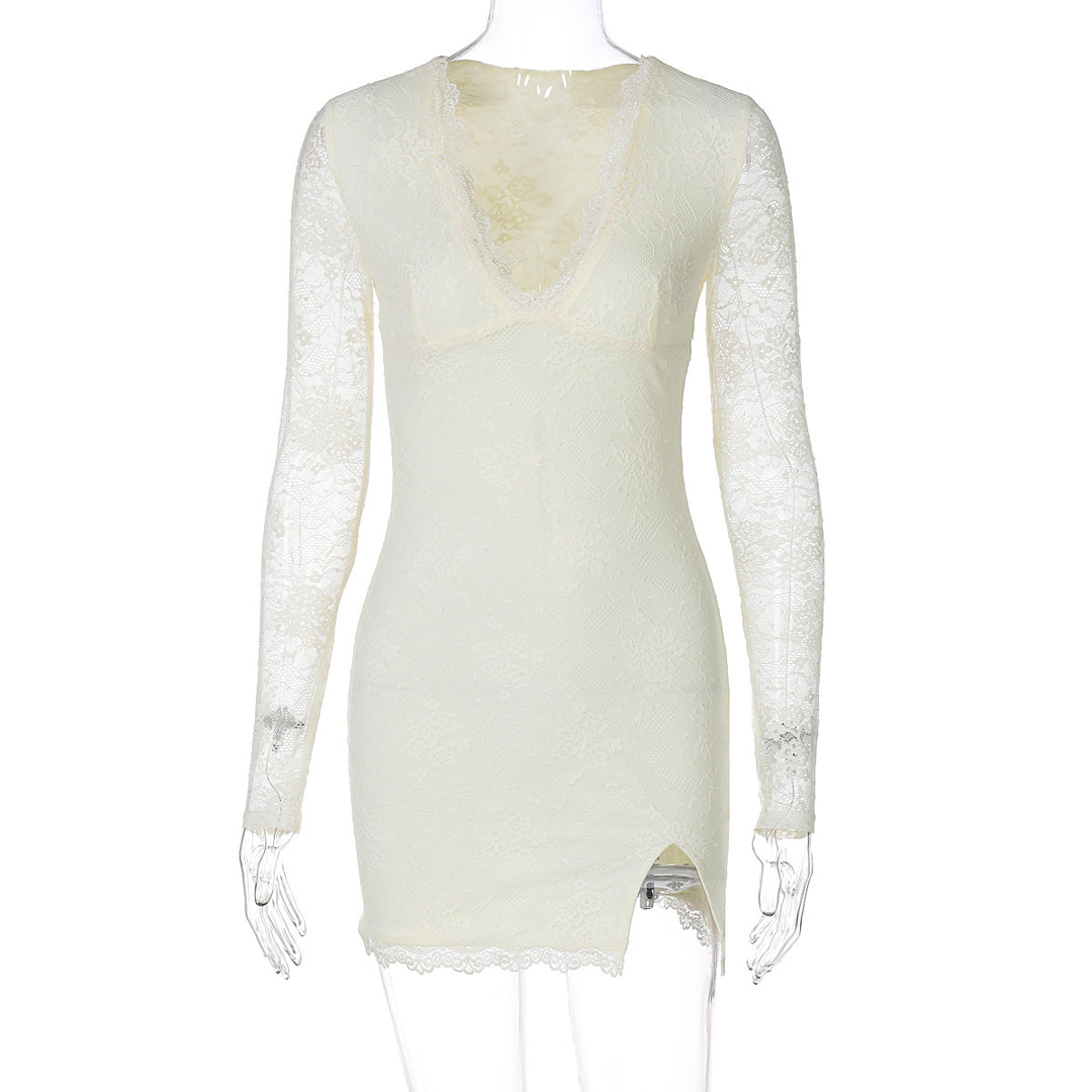 Damen Elegantes Spitzenkleid mit tiefem V-Ausschnitt und langen Ärmeln Echo Archiv