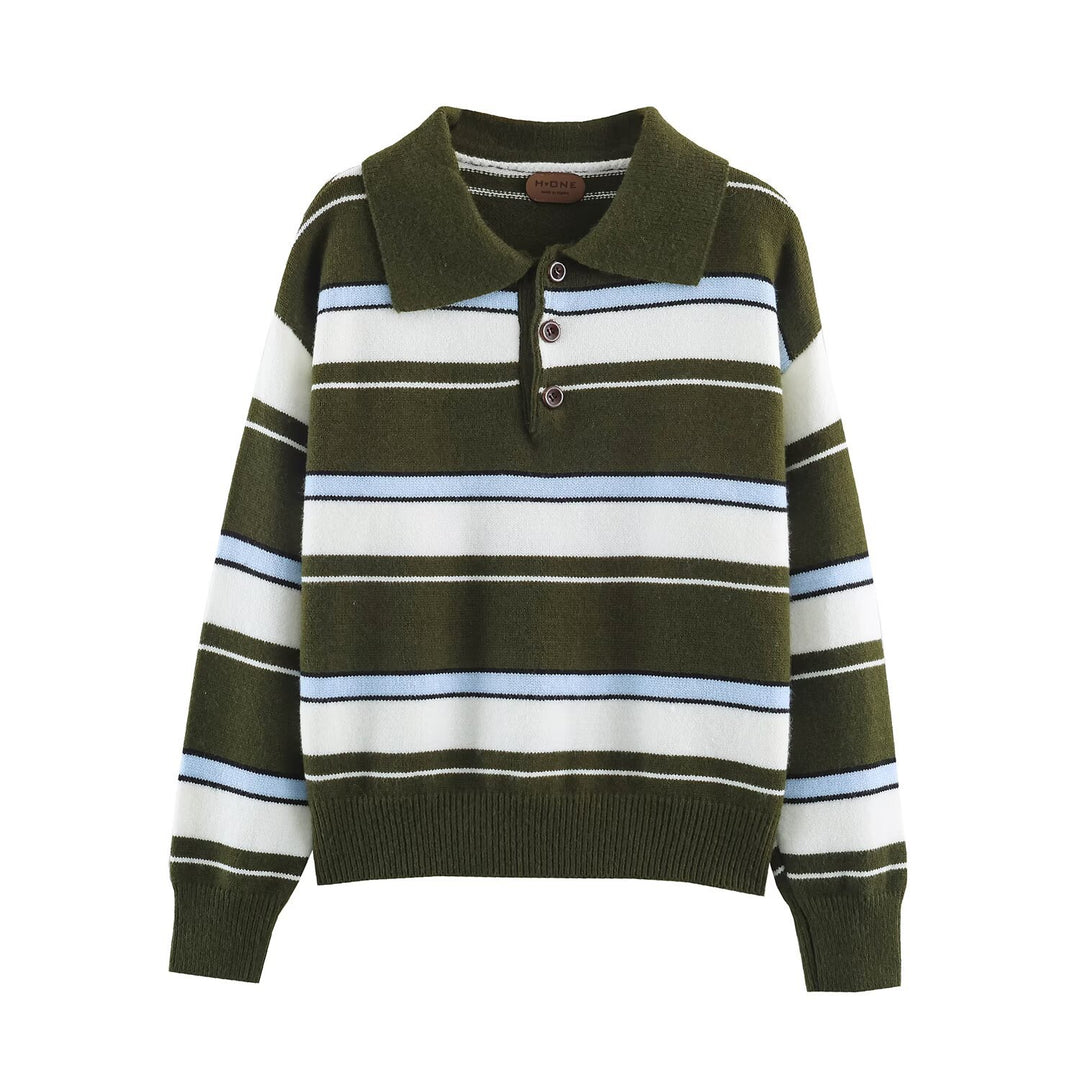 Damen Gestreifter Polokragen-Pullover mit Knopfleiste und Rippbündchen Echoarchiv