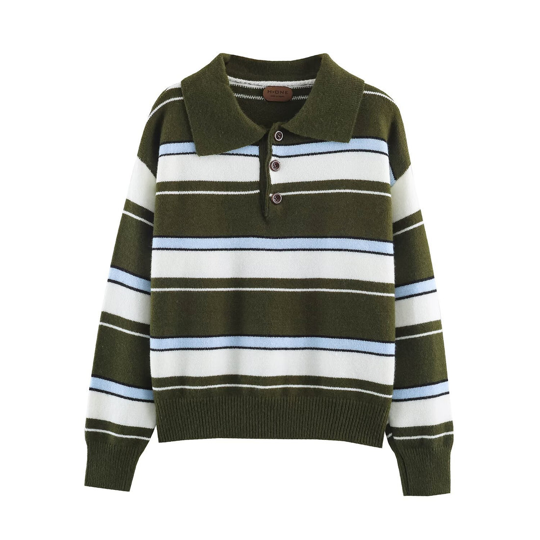 Damen Gestreifter Polokragen-Pullover mit Knopfleiste und Rippbündchen Echoarchiv