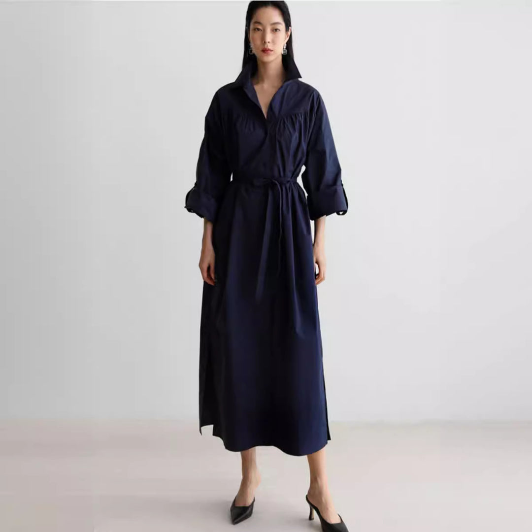 Damen Langärmliges Hemdblusen‑Maxikleid mit strukturierter Schulterpasse und Bindegürtel Echoarchiv