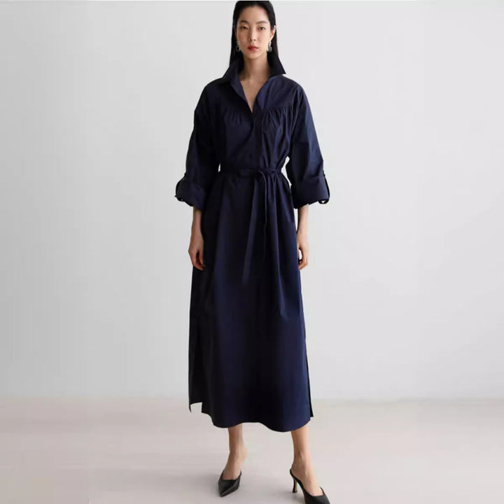 Damen Langärmliges Hemdblusen‑Maxikleid mit strukturierter Schulterpasse und Bindegürtel Echoarchiv