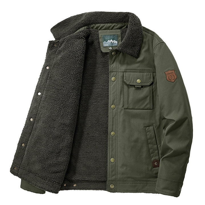 Herren Sherpa-gefütterte Canvas-Truckerjacke mit Teddyfutter und Utility‑Taschen Echo Archiv