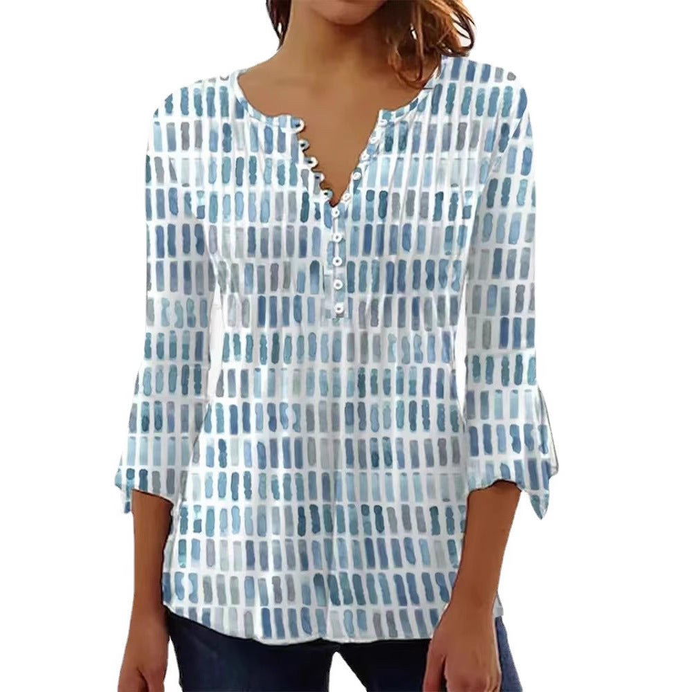 Damen nan luftig leichtes Aquarell-Print Blusenshirt mit Henley-Knopfleiste und dreiviertel Glockenärmeln Echo Archiv