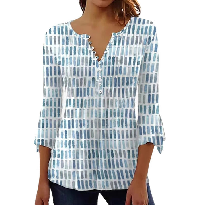 Damen nan luftig leichtes Aquarell-Print Blusenshirt mit Henley-Knopfleiste und dreiviertel Glockenärmeln Echo Archiv