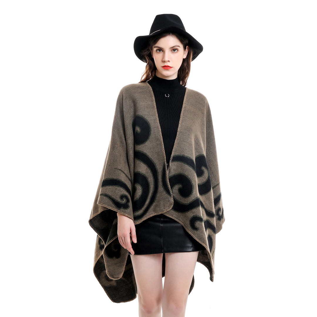Damen Wollmix-Capeponcho im Ruana-Schnitt mit ornamentaler Intarsienstruktur – Montévia