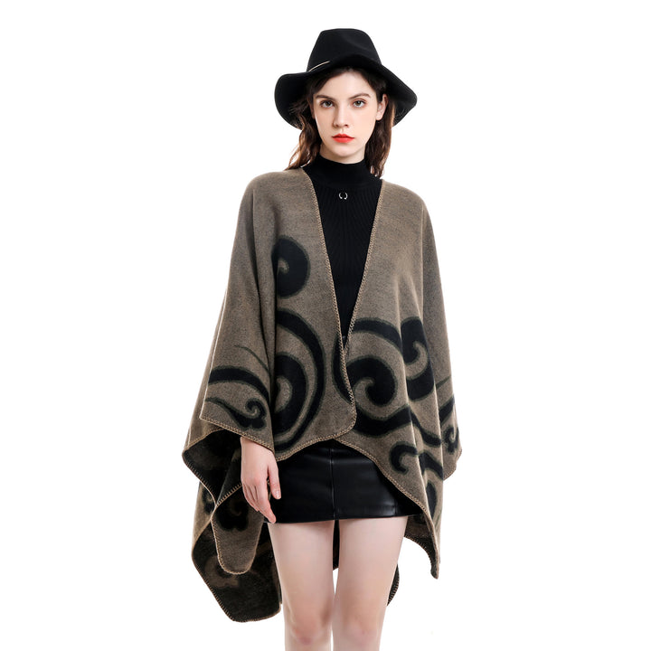 Damen Wollmix-Capeponcho im Ruana-Schnitt mit ornamentaler Intarsienstruktur – Montévia