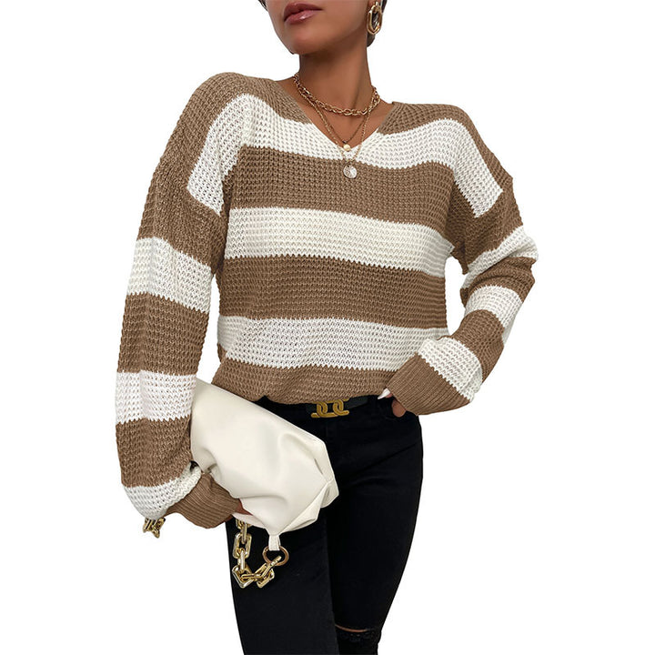Damen Gestreifter Strickpullover mit V‑Ausschnitt und lässiger Oversize‑Passform Echoarchiv