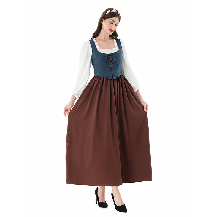 Damen nan historisches Mittelalterkleid mit geschnürter Miederweste, rüschiger Bluse und weitem Maxirock Echo Archiv