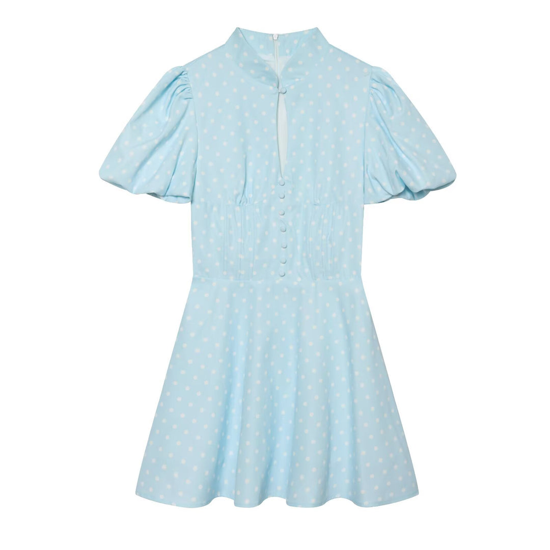 Damen Gepunktetes A‑Linien‑Kleid mit Stehkragen, Taillierung und Ballonärmeln Echo Archiv