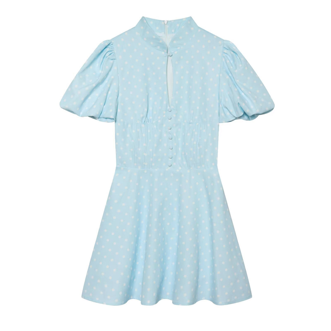 Damen Gepunktetes A‑Linien‑Kleid mit Stehkragen, Taillierung und Ballonärmeln Echo Archiv