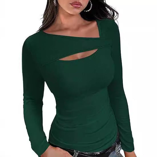 Damen Geripptes Langarmshirt mit asymmetrischem Carmenausschnitt und Brust-Cut-Out Echo Archiv