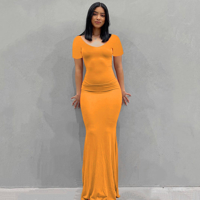 Damen Körperbetontes Maxi‑Jerseykleid mit taillierter Drapierung, langen Ärmeln und ausgestelltem Saum – Valéora