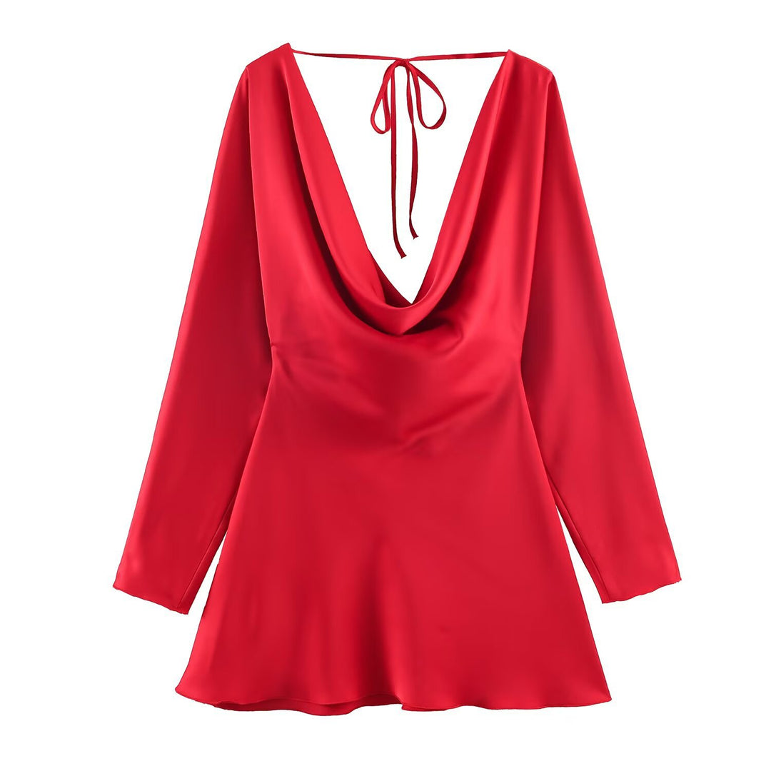 Damen Kurzes Satin-Minikleid mit tiefem Wasserfall‑Rücken, V‑Ausschnitt vorne und langen Ärmeln Echoarchiv