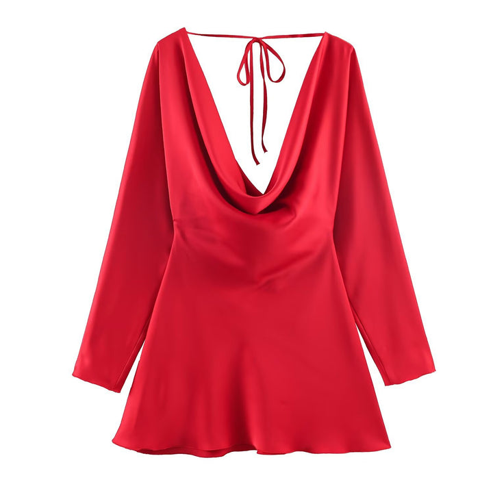 Damen Kurzes Satin-Minikleid mit tiefem Wasserfall‑Rücken, V‑Ausschnitt vorne und langen Ärmeln Echoarchiv