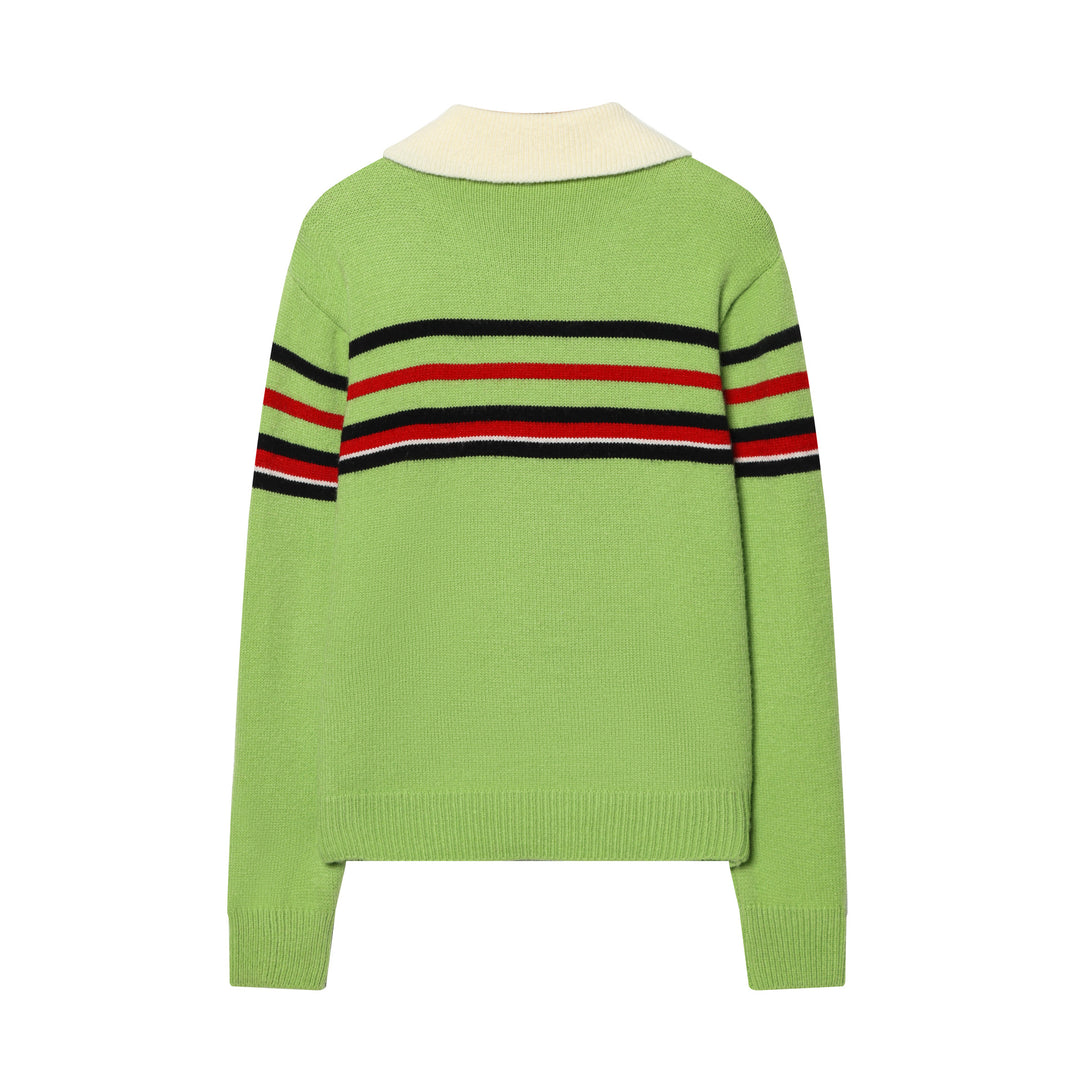 Damen nan gerippter Strickpullover mit halbem Reißverschluss, großem Kontrastkragen und gestreifter Brustpartie Echo Archiv