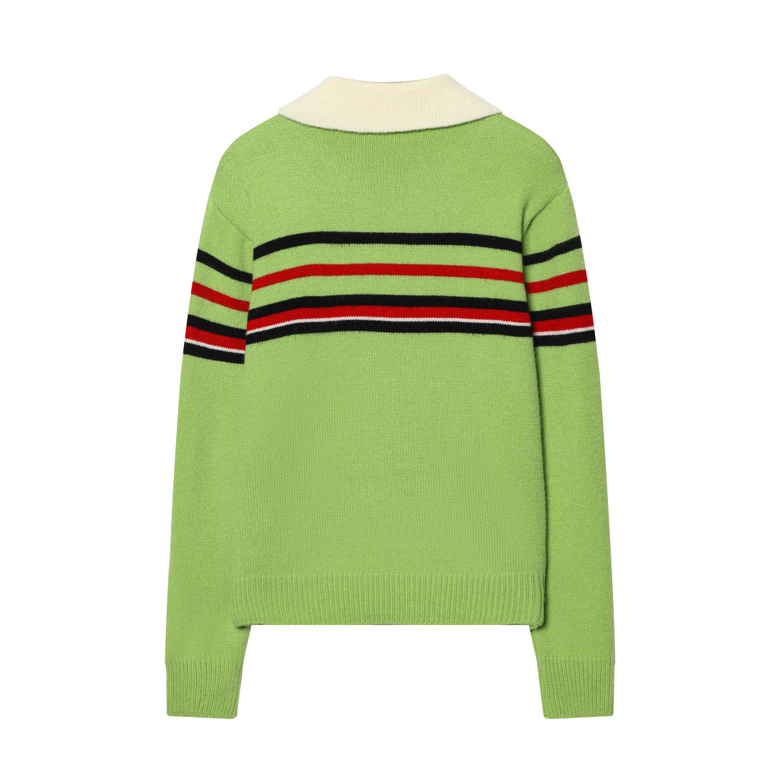 Damen gerippter Strickpullover mit halbem Reißverschluss, großem Kontrastkragen und gestreifter Brustpartie – Mavelle