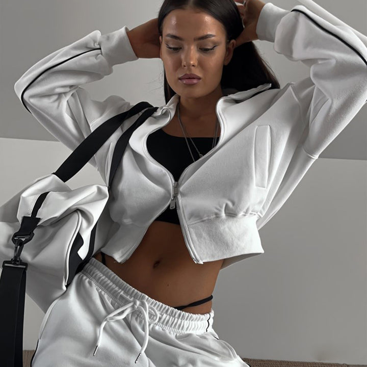 Damen nan kurzes Reißverschluss-Hoodie und hohe Taillen-Jogginghose Set mit dekorativer Seitenpaspel Echo Archiv