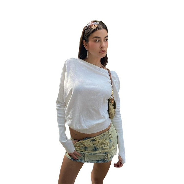 Damen asymmetrisches leichtes Langarm-Croppedshirt mit Ein-Schulter-Detail und stretchigem Baumwollmix – Avérine