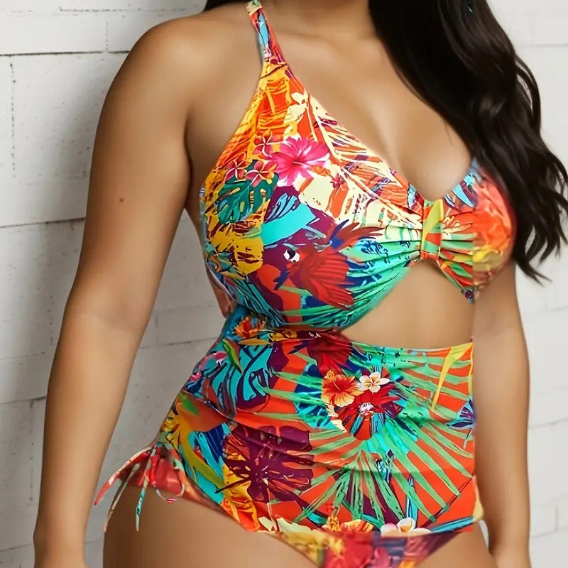 Damen Einteiliger Badeanzug mit exotischem Schnitt und buntem Tropen-Design Echo Archiv