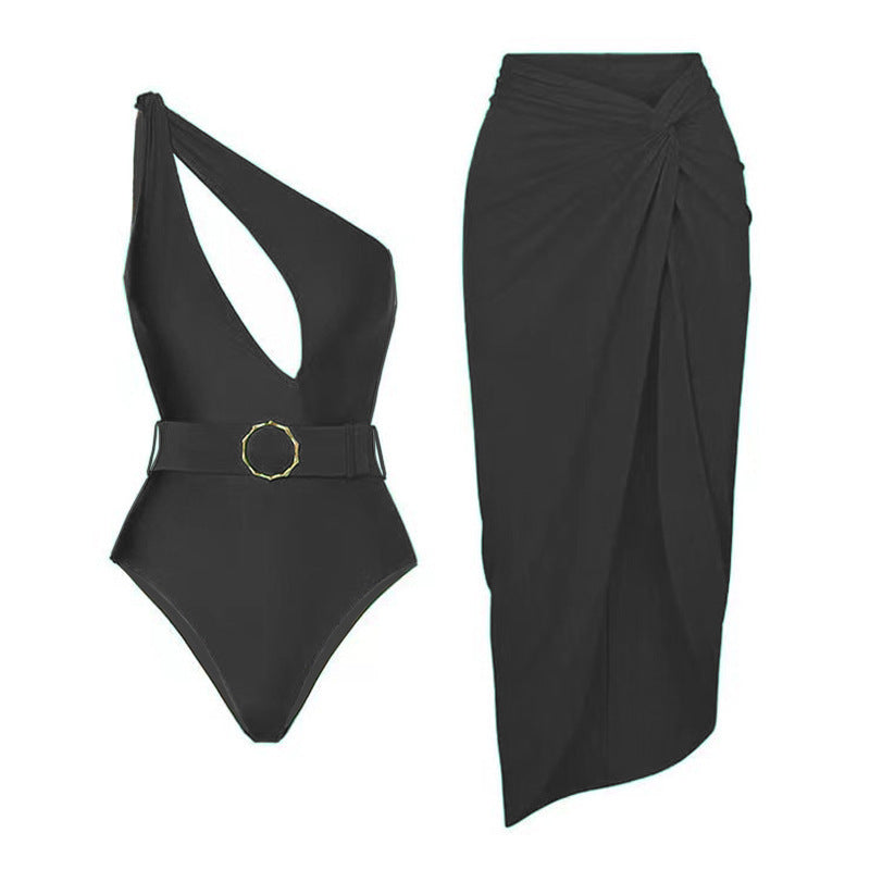 Damen Einteiliger Badeanzug mit asymmetrischem Schnitt und Wickelrock Echo Archiv