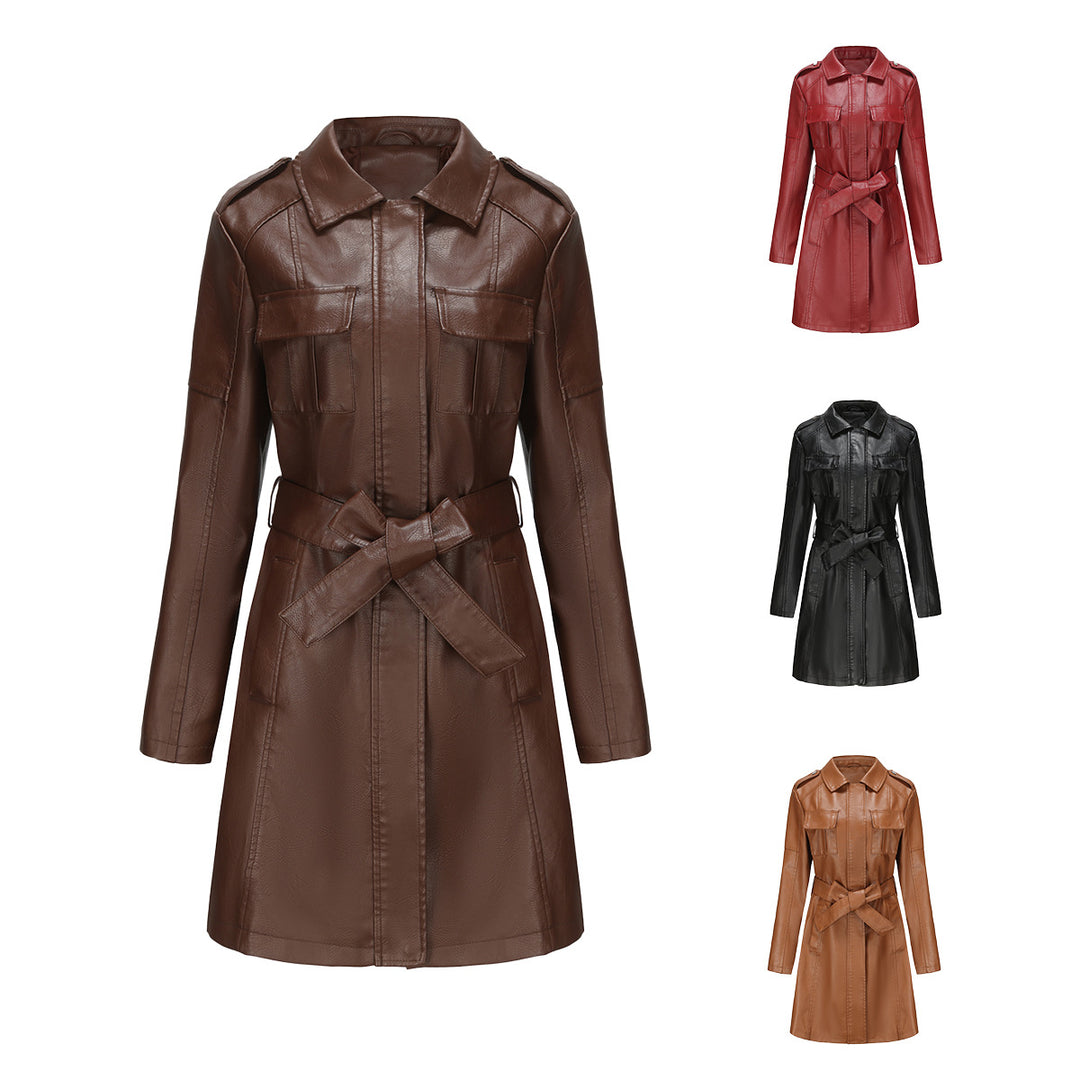 Damen nan langer Kunstleder-Trenchcoat mit Taillengürtel und Schulterriegeln Echo Archiv