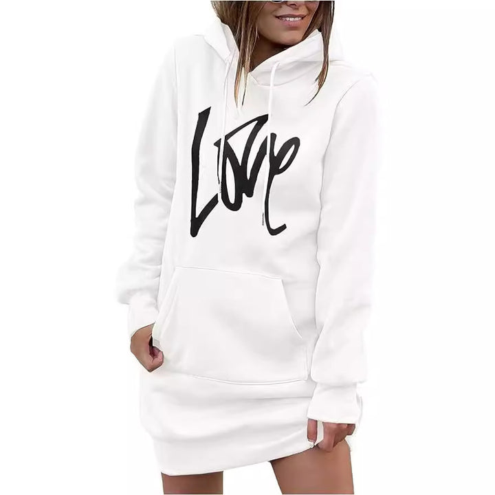 Damen Fleece-Kapuzenkleid mit Kängurutasche, Daumenlochärmeln und Oversize-Sweatshirt-Schnitt Echoarchiv