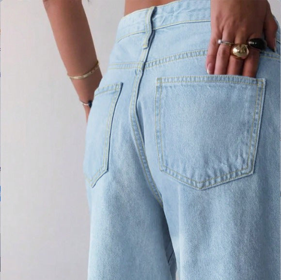 Damen Weite Denim-Culotte mit hohem Bund, Distressed-Details und rohem Saum Echo Archiv