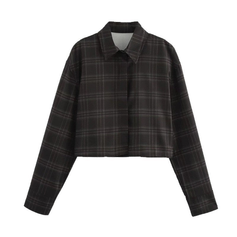 Damen Cropped Kastenförmige Hemdjacke im Karomuster mit verdeckter Knopfleiste Echo Archiv