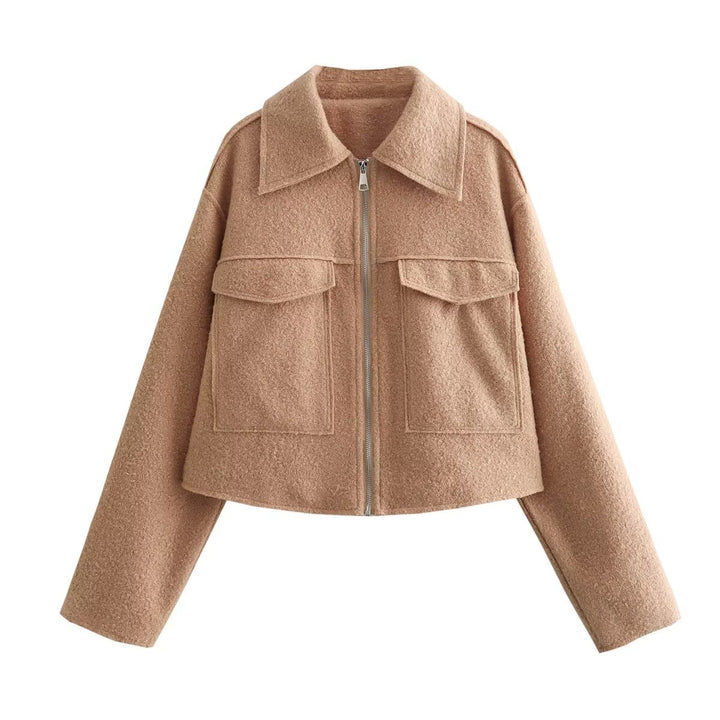 Damen kurzes Cropped Overshirt mit großflächigen Pattentaschen und durchgehendem Reißverschluss – Célinea