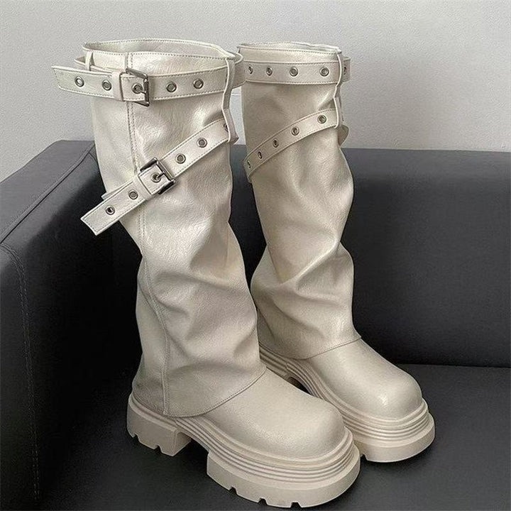 Damen PlatEchoarchivu-Stiefel mit modischem Schnallenverschluss und eleganter Faltenoptik Echoarchiv