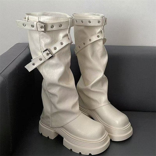 Damen PlatEchoarchivu-Stiefel mit modischem Schnallenverschluss und eleganter Faltenoptik Echoarchiv