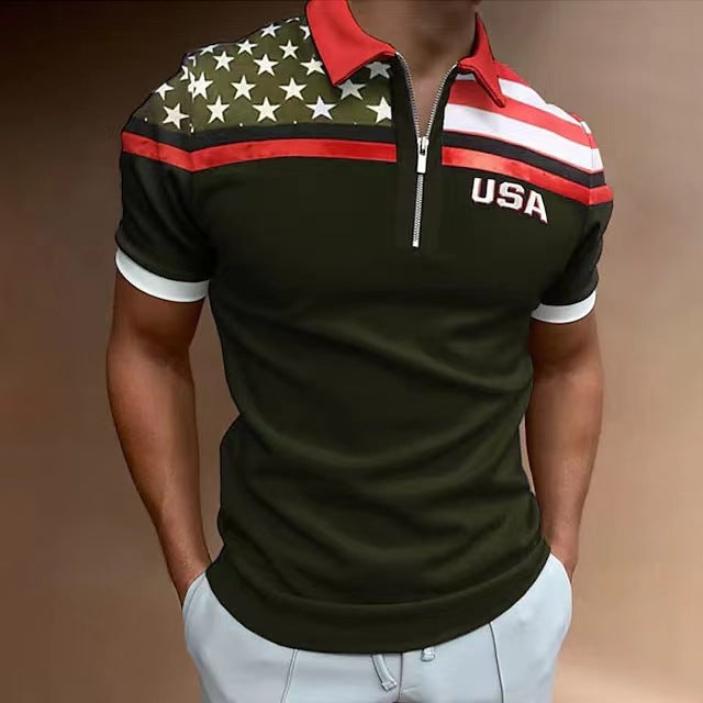 Herren Zip-Up Performance Polo-Shirt mit amerikanischer Flaggen-Applikation Echoarchiv