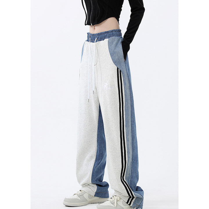 Damen nan weite Jogginghose mit Denim-Einsätzen, elastischem Bund und seitlichen Kontraststreifen Echo Archiv