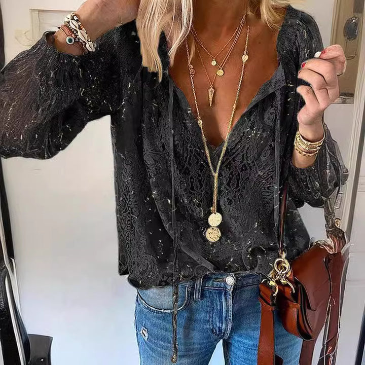 Damen elegante Bluse mit feiner Spitze und tiefem V-Ausschnitt Echo Archiv