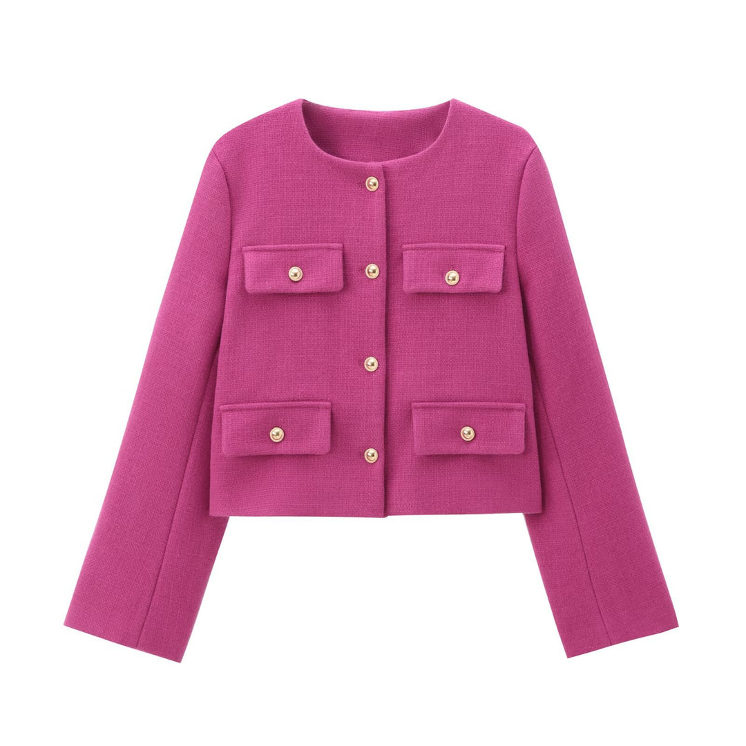 Damen Bouclé-Cropped-Jacke mit vier Pattentaschen und goldenen Schmuckknöpfen Echo Archiv