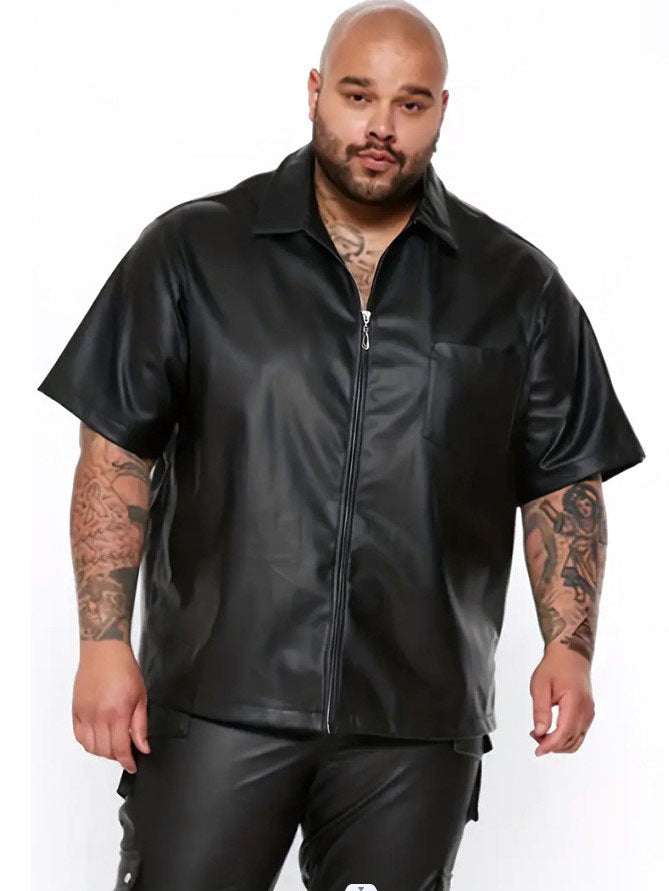 Herren lässige Kunstlederhemdjacke mit kurzem Arm und praktischen Reißverschlusstaschen Echoarchiv