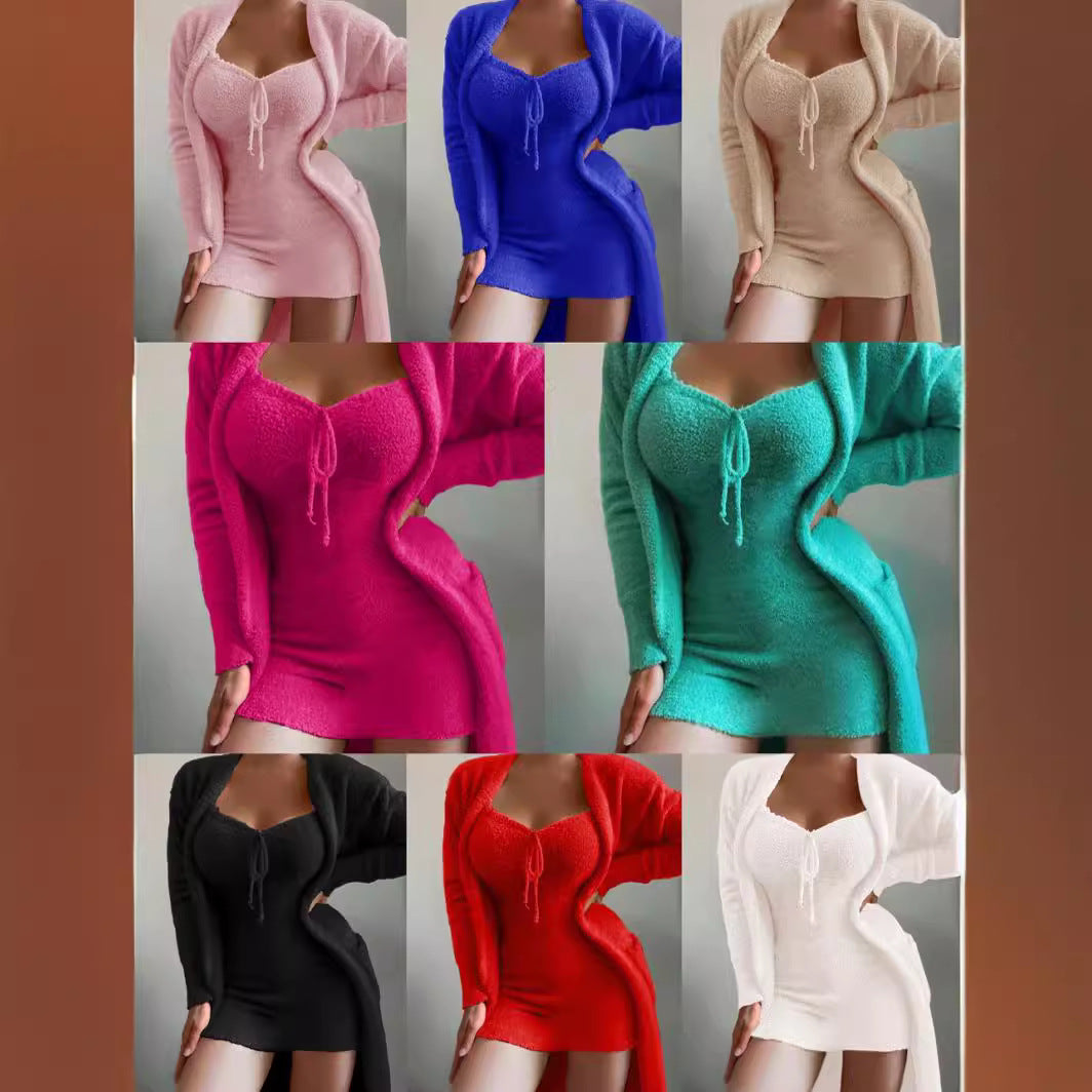 Damen nan luxuriöses Teddy-Fleece Lounge-Set mit Longcardigan, gerafftem Cropped-Bustier und Highwaist-Hose Echo Archiv