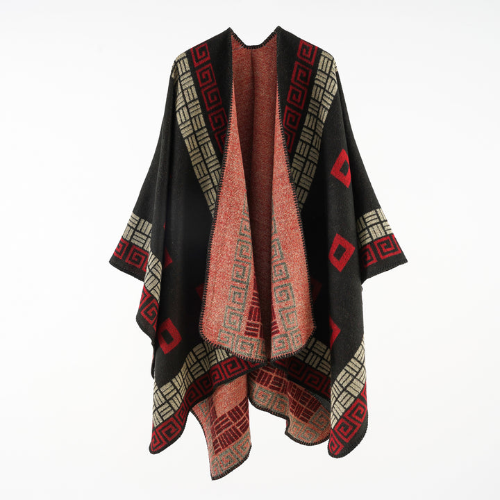 Damen Kastiger Wollmix-Ruana mit kontrastiertem Innenfutter und grafischem Jacquard Echo Archiv