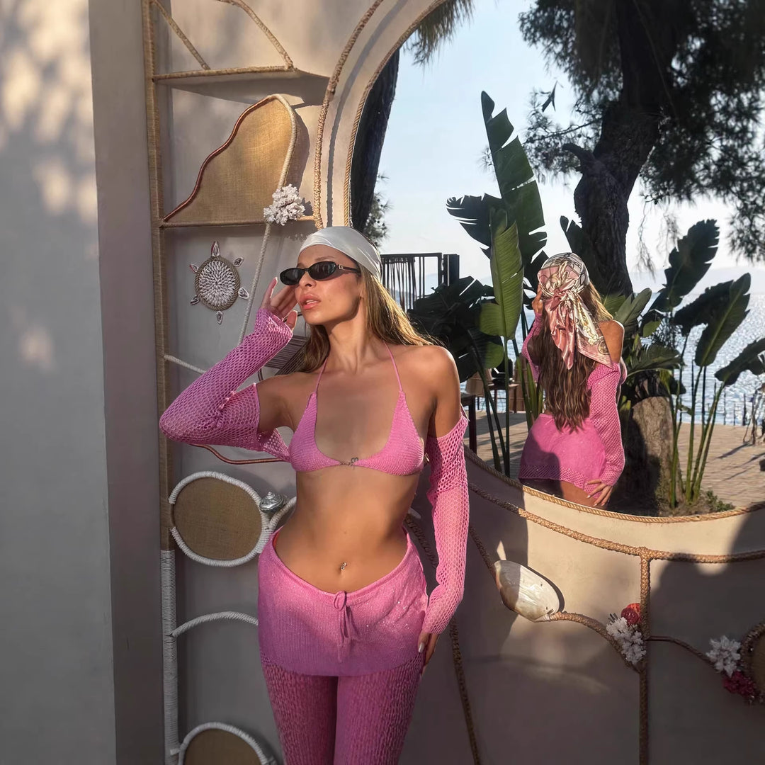 Damen Häkel-Bikini-Set mit langem Arm und passendem Rock Echo Archiv