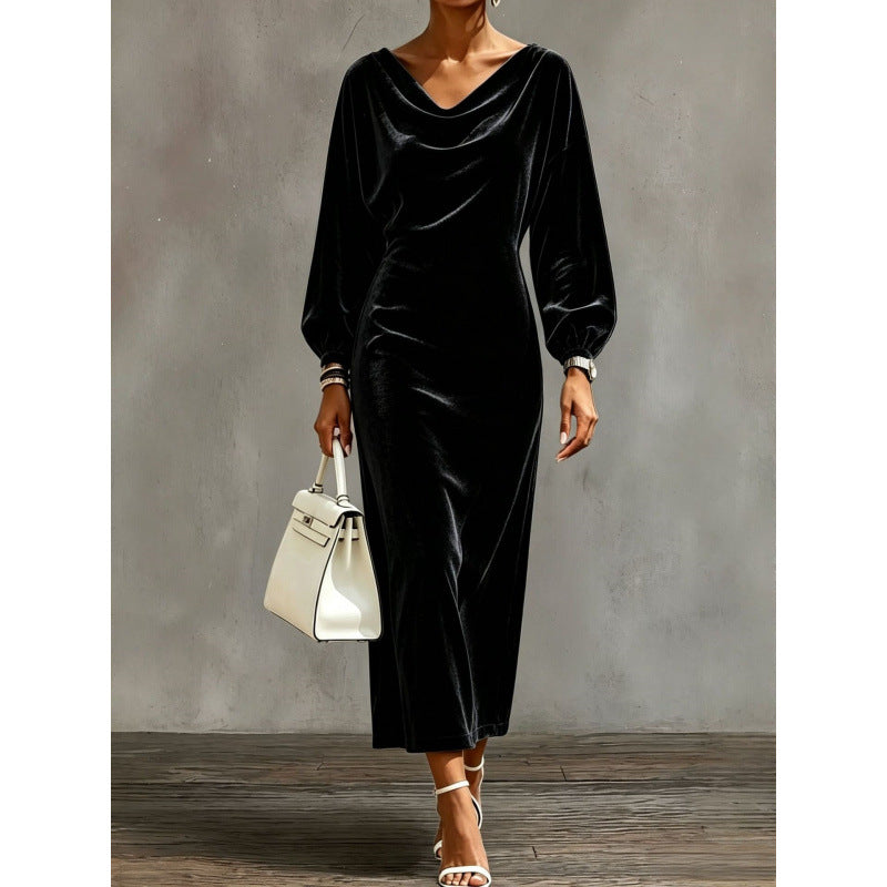 Damen Midikleid aus Samt mit drapiertem Wasserfallkragen und Ballonärmeln Echoarchiv
