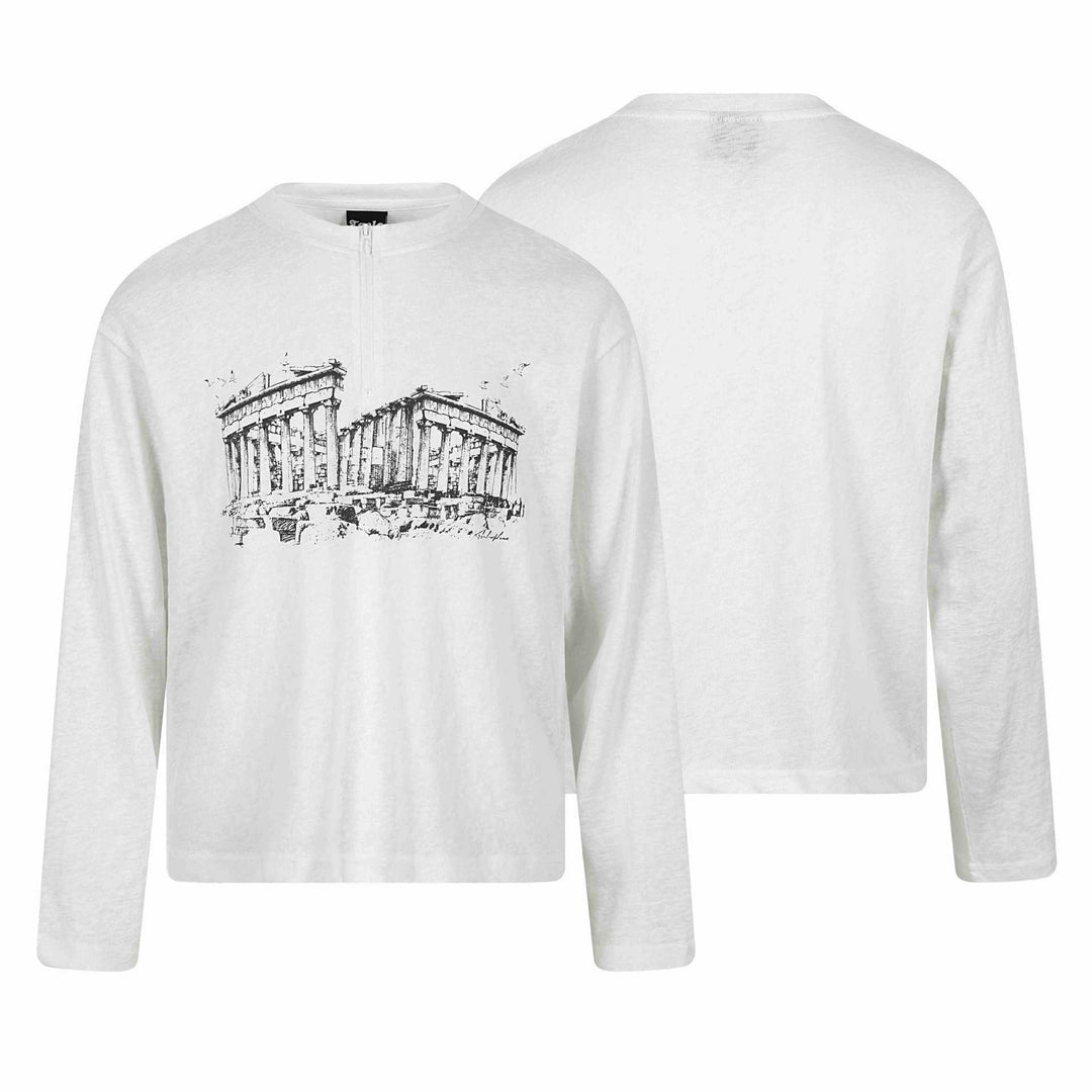 Unisex Langarm-Halbzipshirt mit Stehkragen und Parthenon-Print Echoarchiv