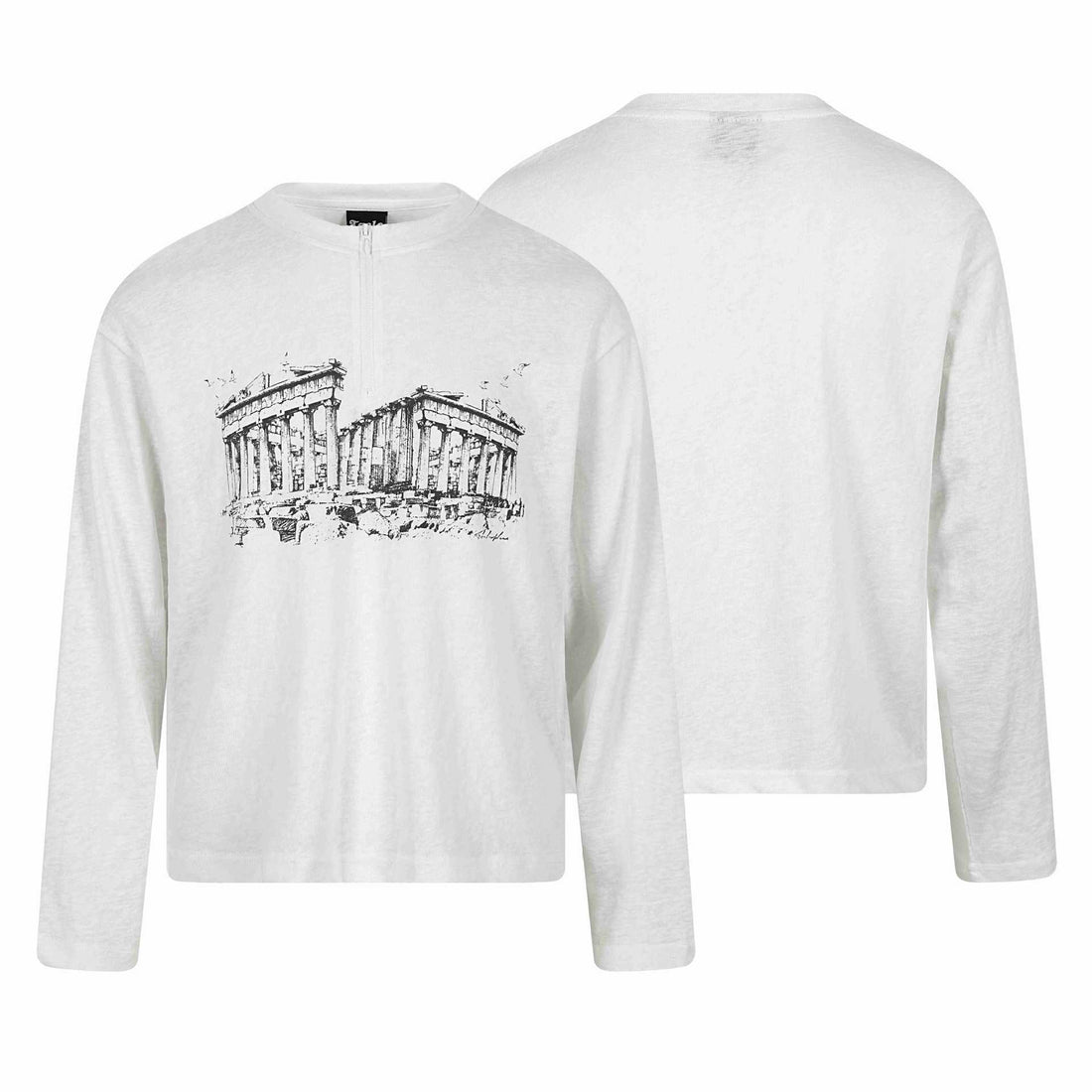 Unisex Langarm-Halbzipshirt mit Stehkragen und Parthenon-Print Echoarchiv